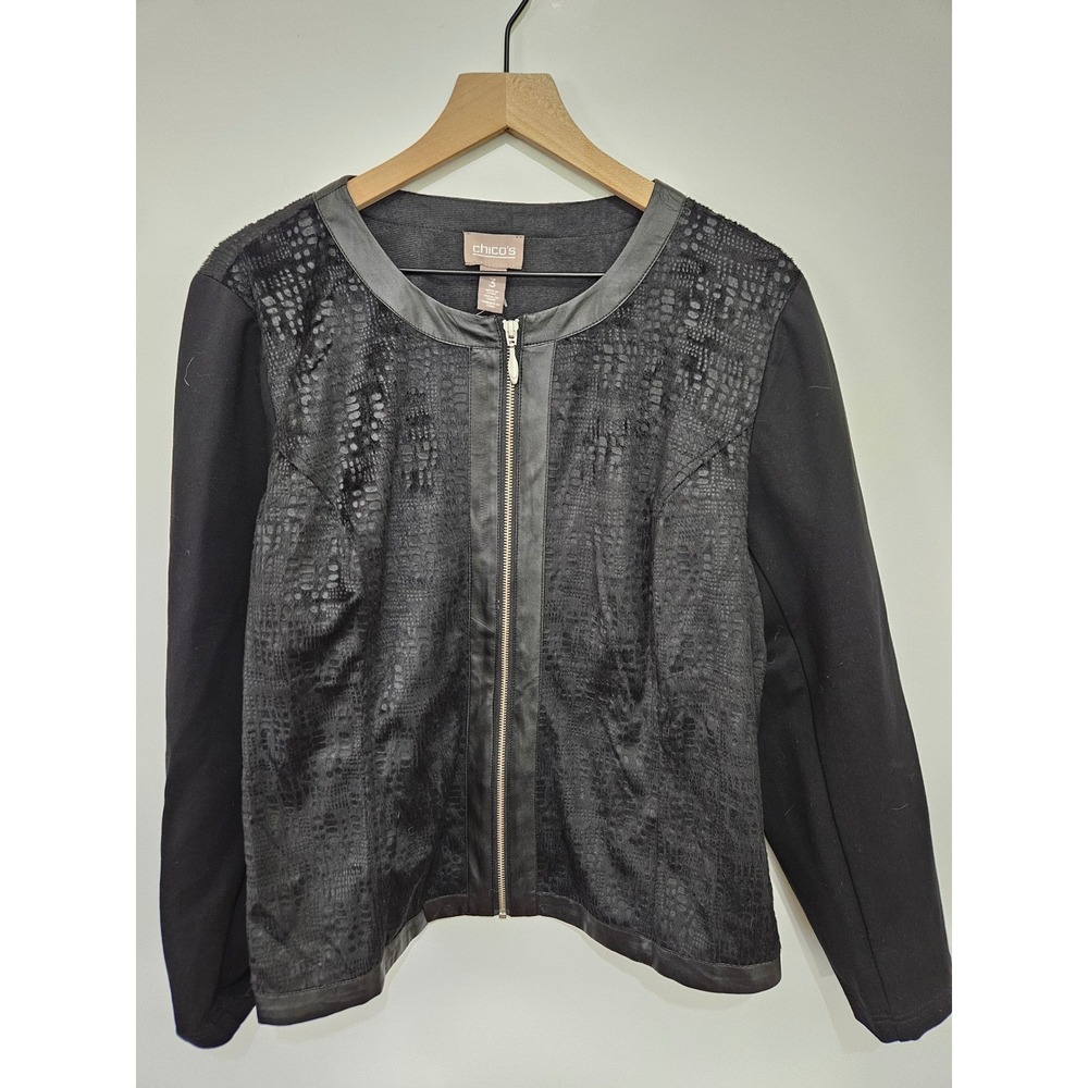 Chicos Black Lace Overlay Zip Front Jacket Faux Leather Trim Size 3 XL